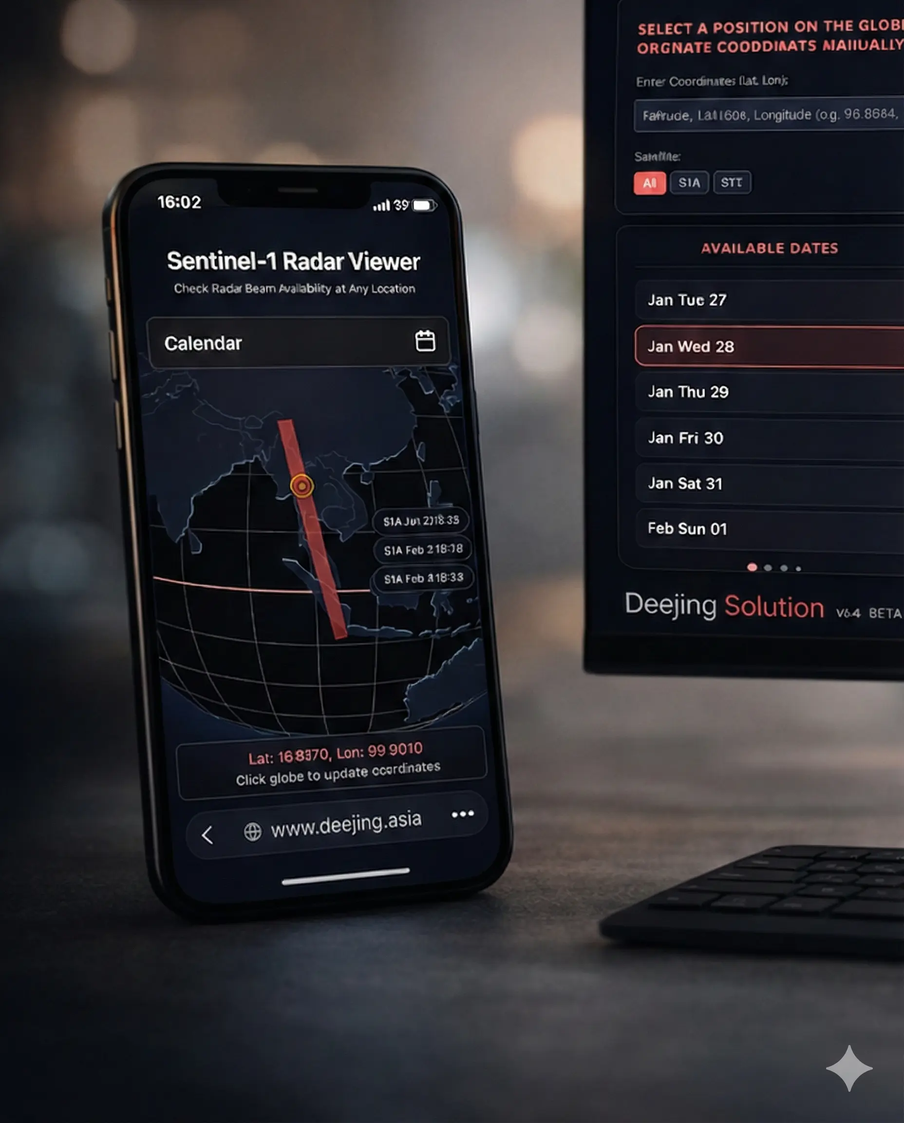 Sentinel-1 Radar Viewer App Interface showing vertical interactive globe view