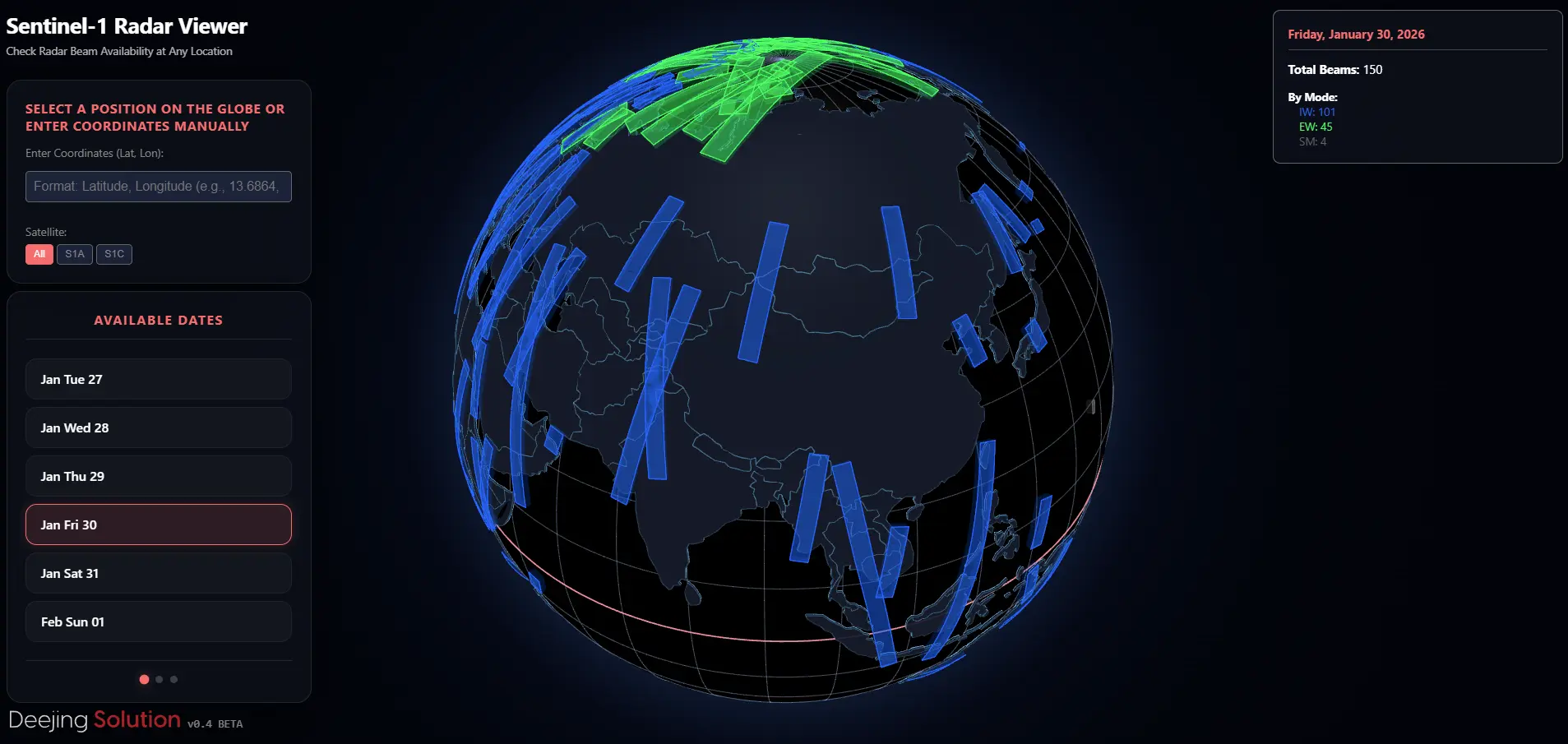 Global Sentinel-1 daily radar coverage visualization
