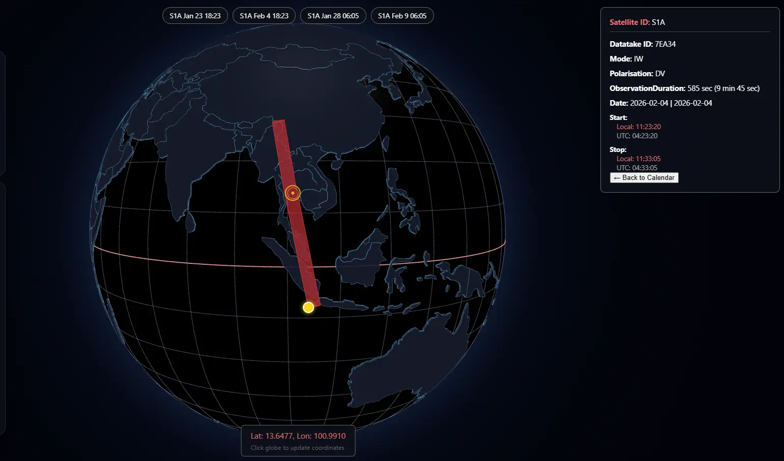 Desktop view of Sentinel-1 location check showing radar beam intersection